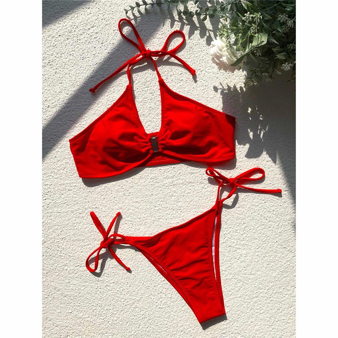 

Сексуальный бретелька через шею морщинистый бретельки бикини женский купальник женский купальник из двух частей бикини комплект купальный костюм купальный костюм женский S красный