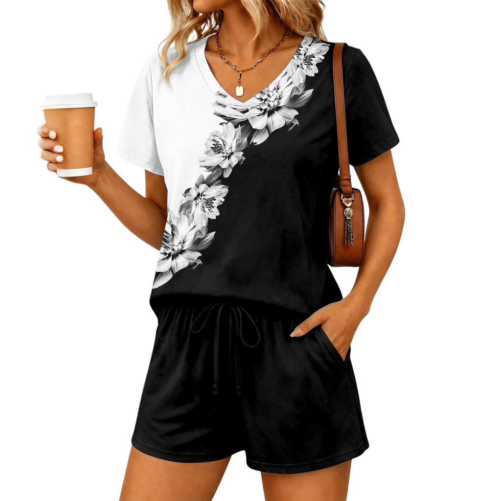 Women's Casual Two Piece Set V Neck Short Sleeve Floral Print Top with Elastic Waist Drawstring Shorts Lounge Wear