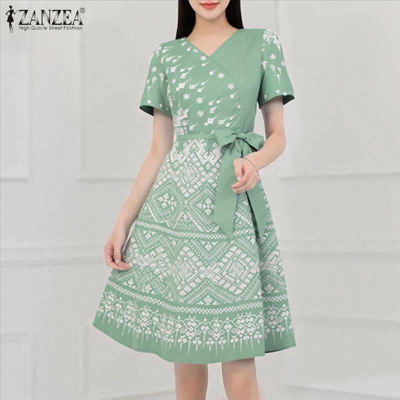 ZANZEA Women V-Neck Casual Short Sleeve Summer Print Dress