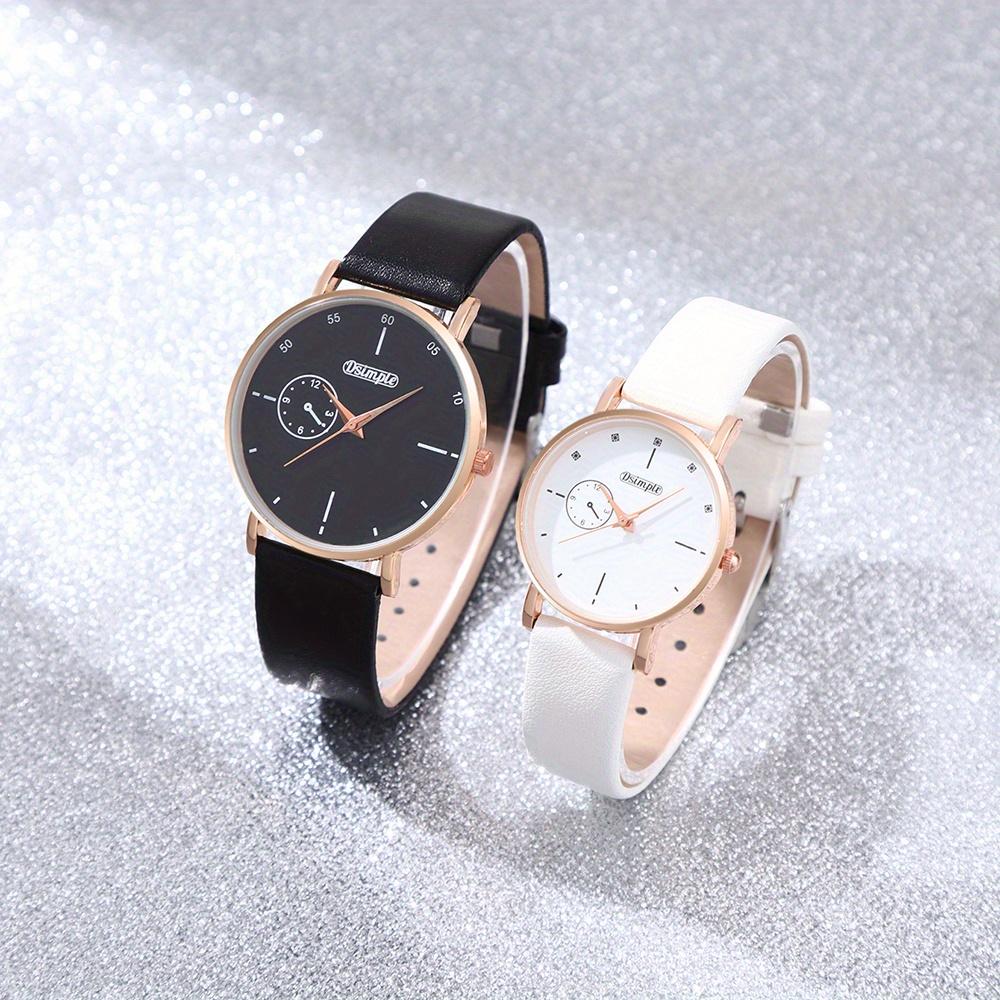

2 шт./компл. Элегантный набор часов для пары Черно-белый циферблат Ремешок из полиуретановой кожи Корпус цвета розового золота Простые часы | Парные часы | Подарки