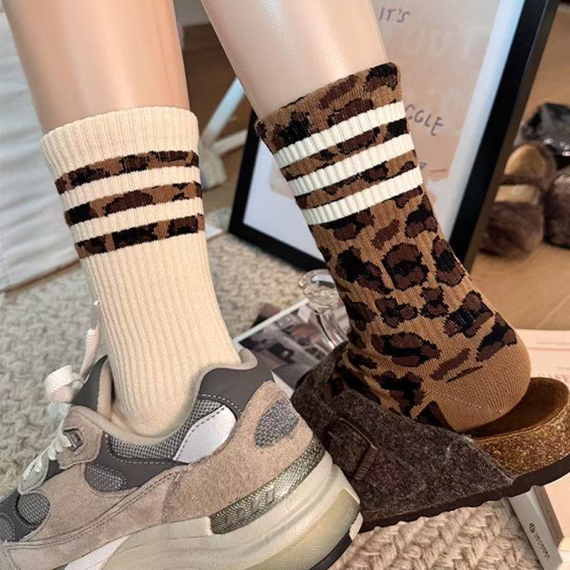 10-1 Pairs Sports Socks, Leopard Print Pattern Maillard Series, Soft and Comfortable Fashionable Wearing, Long Leg Socks, Mid Leg Socks