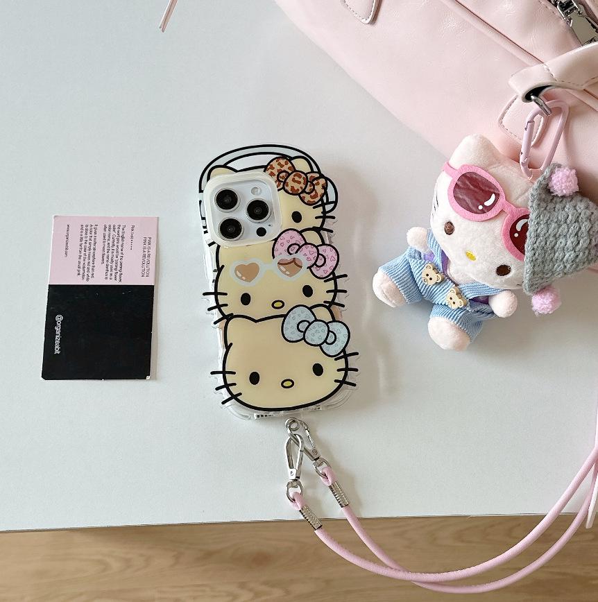 

Premium Black Leather Cat Ears KT Phone Case with Resin Stickers & Lanyard for iPhone 15/16 13 Pro Max (packaged)