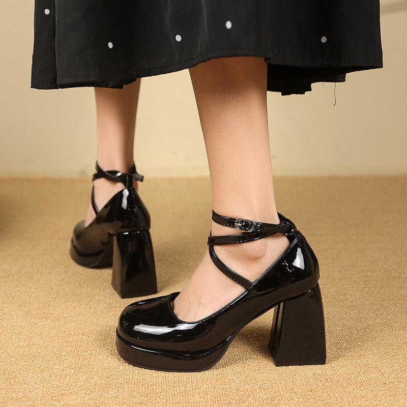2025 Spring New Winding Belt High Heels Thick Heel Waterproof Table Single Shoes Japanese Casual Tide with Mary Jane Shoes Women