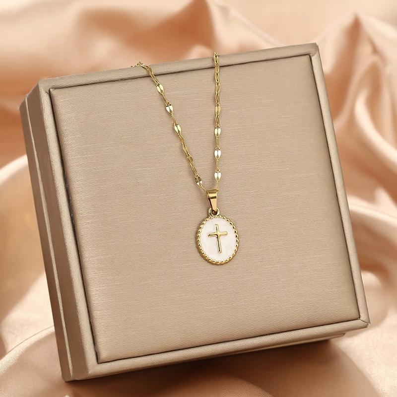 Stainless Steel Cross Pendant Necklace for Women Men Simple Round Colorful Drop Oil Necklace Vintage Punk Versatile Jewelry Gift