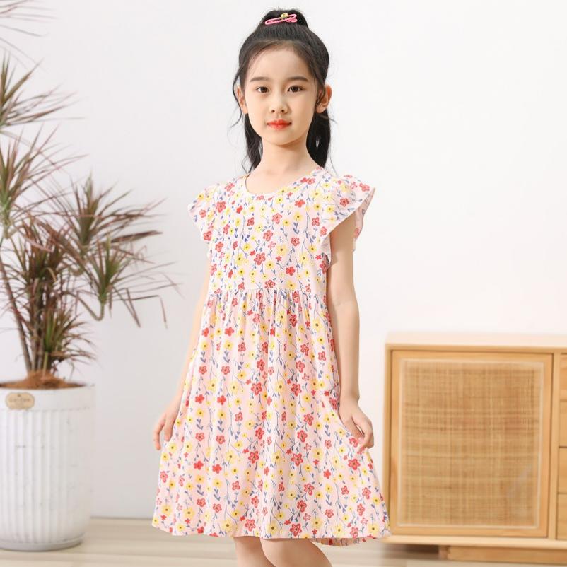 Girls' Cotton-padded Fly-sleeved Dresses, Big Children's Printed Floral Skirts, Back Straps, and Beach Skirts