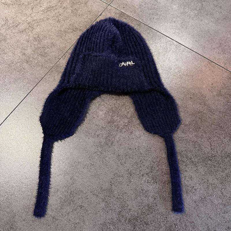 

Fall Winter Knitted Yarn Cap With Warm Embroidered Knit Material For Students Navy Blue