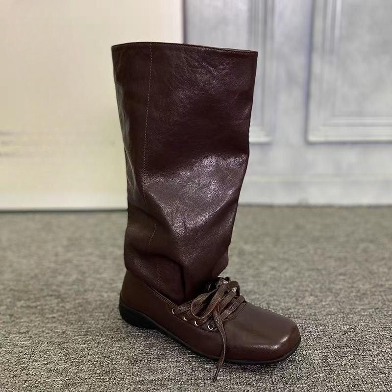 Módní kozačky do půli stehen Podzimní Nové Kulatá špička Rukáv Šněrování vpředu Měkká podrážka Odolné proti opotřebení Nízký podpatek Boty