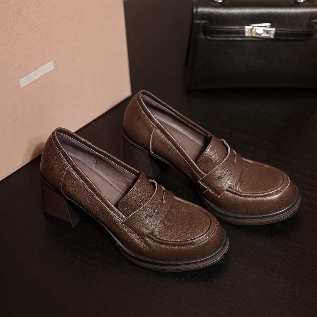 Retro Round Head Versatile Thick Sole Thick High Heel Loafers Women's Simple British Style Small Leather Shoes Deep Mouth Japanese Jk Single Shoes