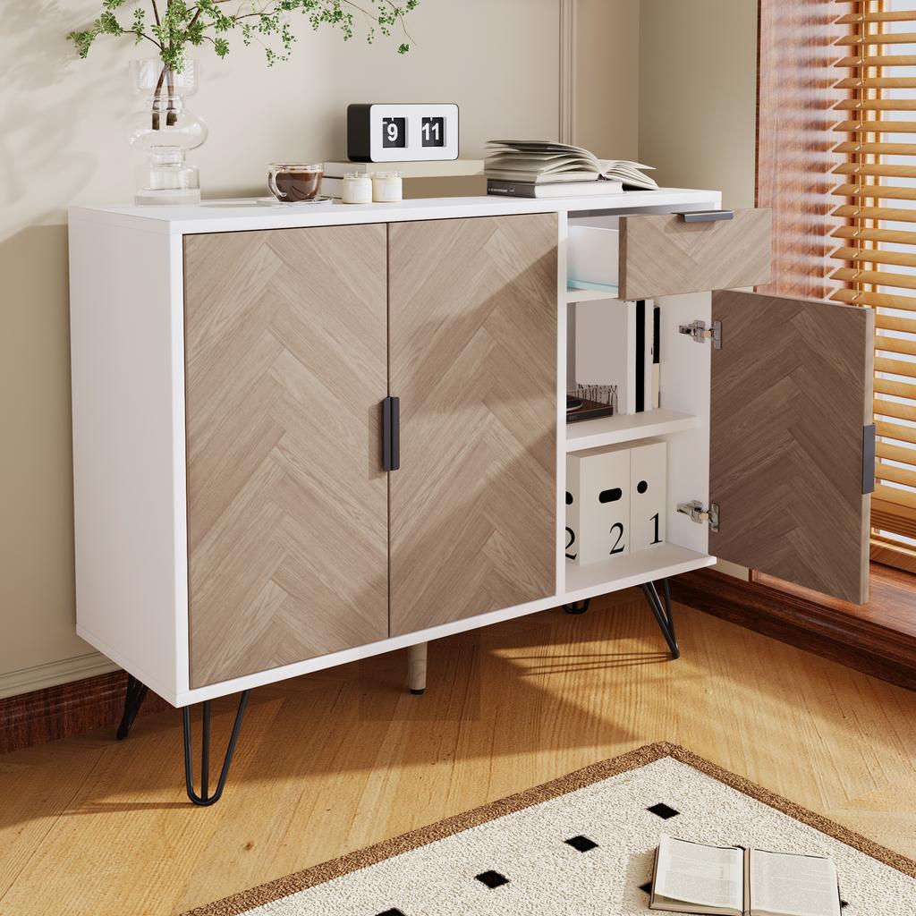 Modern Storage Cabinet, Sideboard in White and Wood Look with Drawer and Height-Adjustable Shelves (90 x 30 x 71.5 cm)