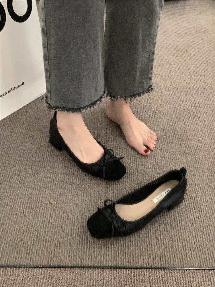 Evening gentle bow single shoes commuter black flats autumn and autumn French women's shoes with skirt high heels