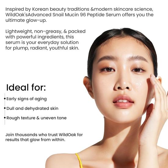 WildOak Advanced Korean Snail Mucin 96 Peptide Face Serum | Powerful Skin Barrier, Anti-Aging & Wrinkles | 72 Hours Skin Hydration  | 30ml