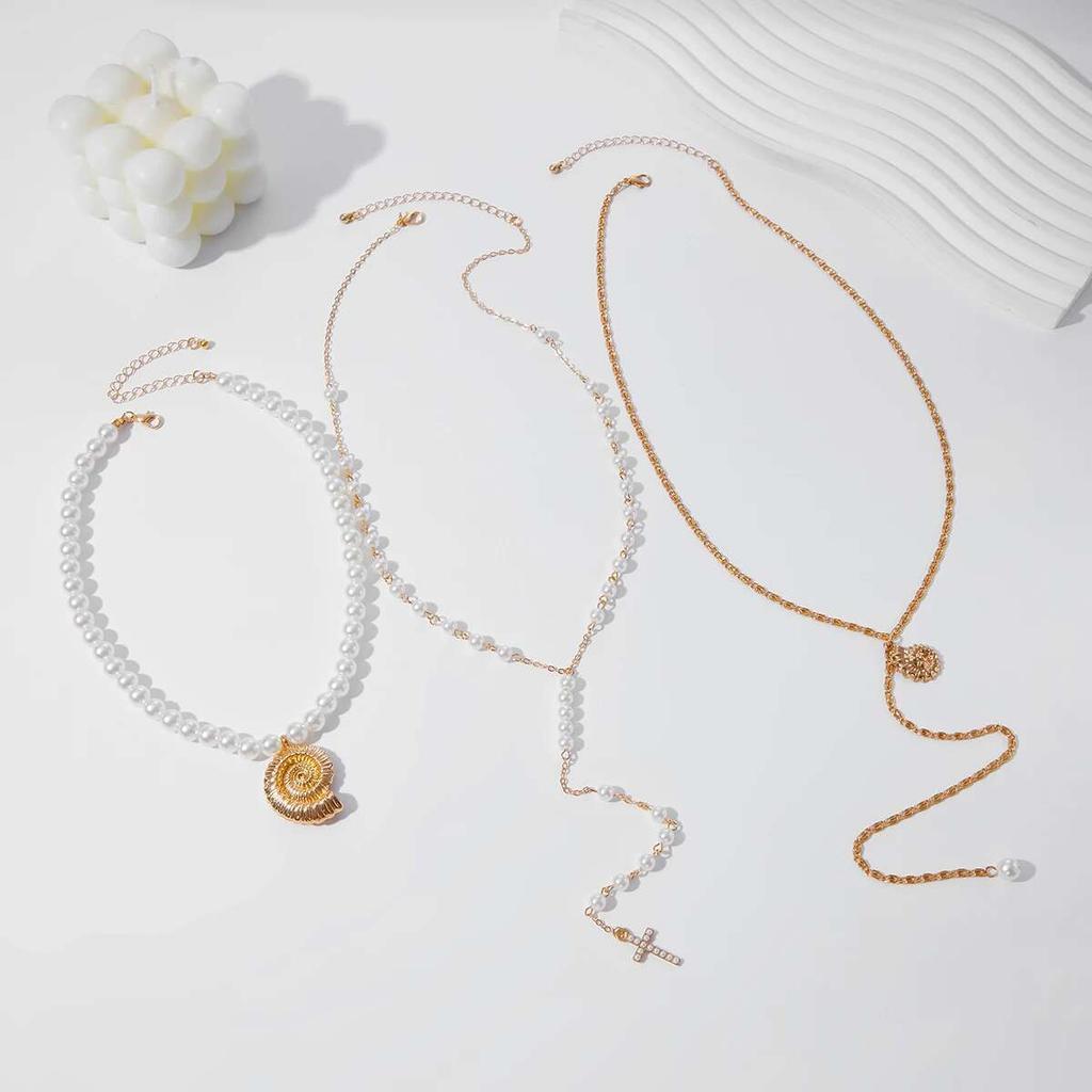 IngeSight.Z 3Pcs/Set Boho Conch Cross Pendant Necklace Women Imitation Pearl Layered Chain Necklace Summer Beach Neck Jewelry