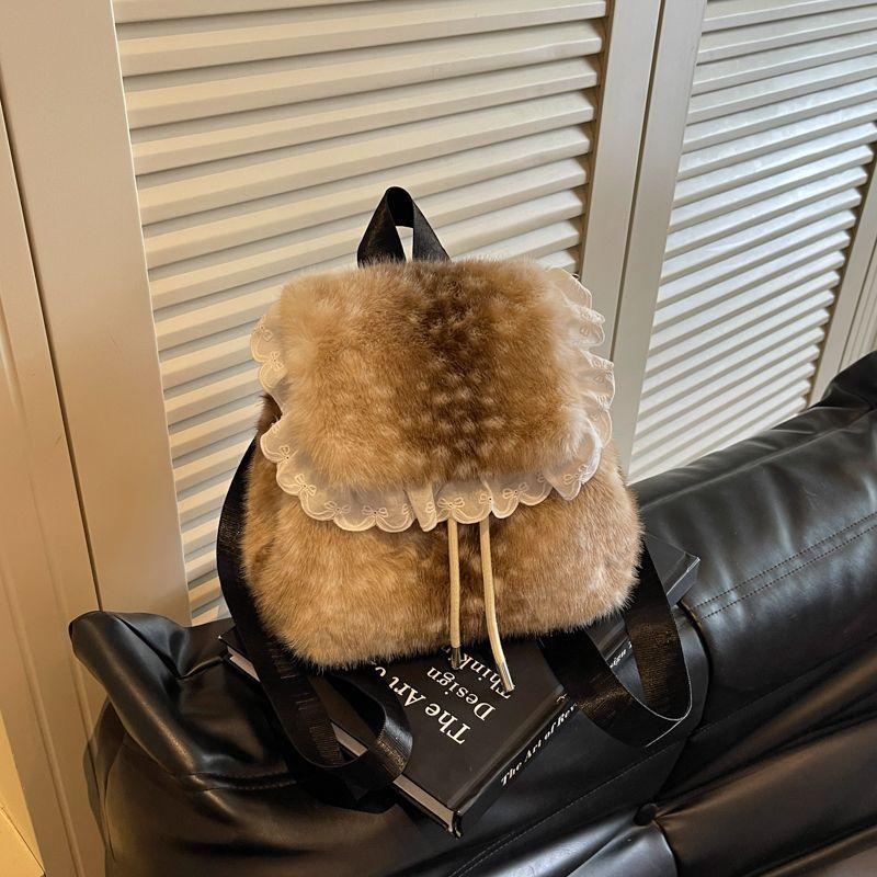 Women's New Fashionable Versatile Minimalist Textured Plush Backpack - Cute Girl's Small School Bag