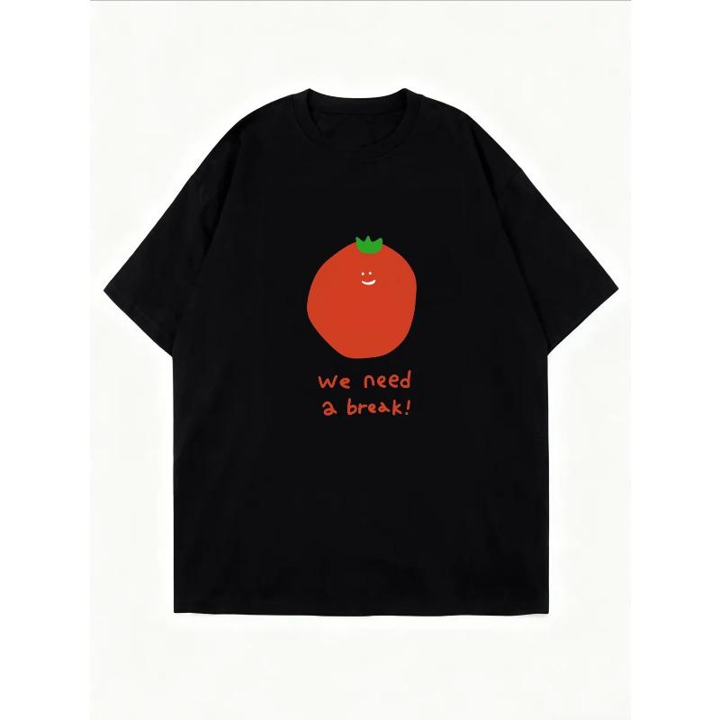 White Crew Neck T Shirt With Tomato Print And We Need A Break Text For Casual Wear