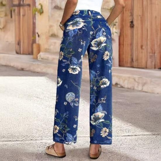 Vintage Floral Jeans for Women, Mid Rise Barrel Wide Leg Jeans, Retro Casual Stretchy Denim Pants with Pockets