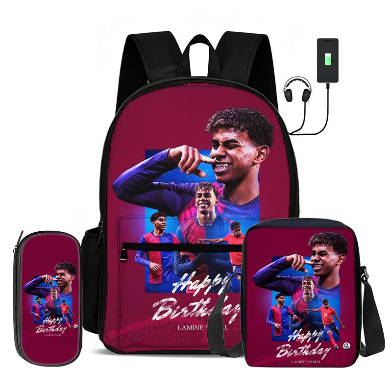 Leer, Reizen Voetbal Sport Rugzak L-Lamin Yamal 3 Delige Set Kinderrugzak Schoudertas, Etui, Voetbalster Rugzak black