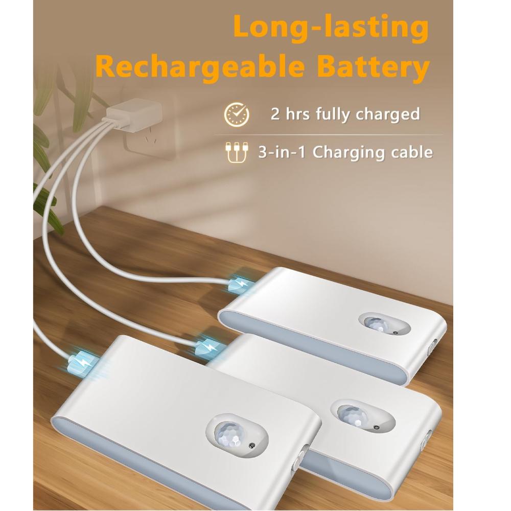 WILLED Night Light with Motion Alarm, 4 Pieces Rechargeable Stair Lighting with Motion Alarm, LED Night Light Children with 3 Modes (Auto/ON/OFF),