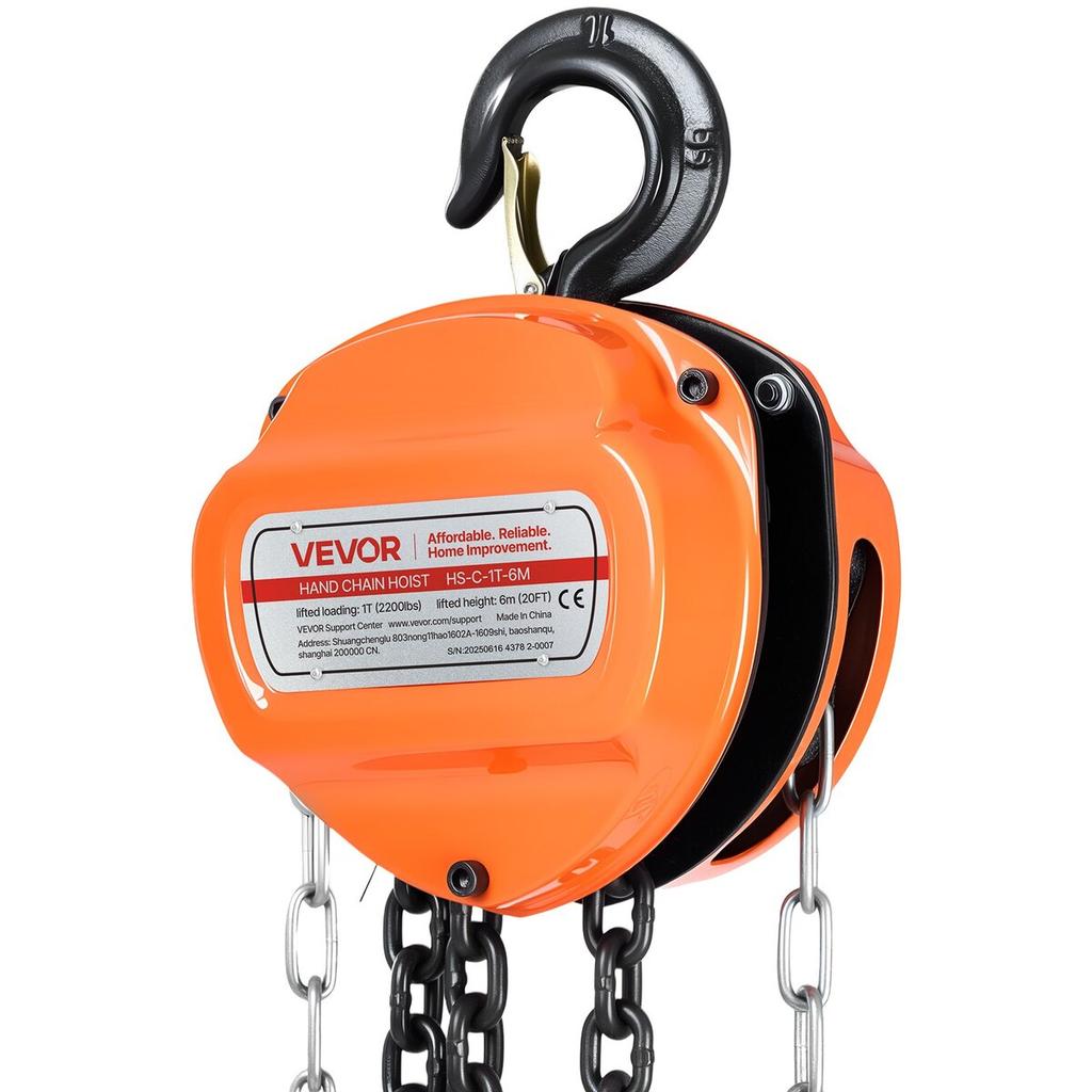 Hand Chain Hoist, 1 Ton Capacity, Manual Chain Block with Upgrade G80 Galvanized Chain, 6 m Lifting Height, Heavy Duty Pulley Hoist for Garage