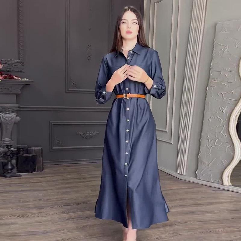 2024 Autumn European and American Women's Solid Color Turn-down Collar Multi-button Shirt Dress