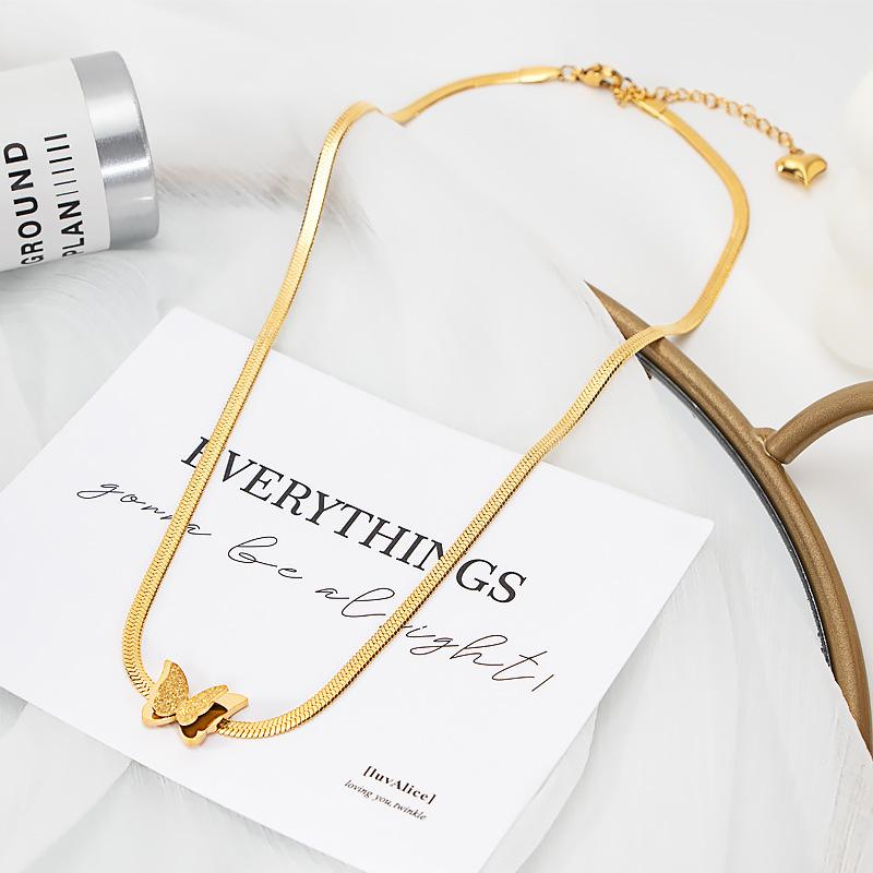 Stainless Steel Fashion Flat Snake Bkade Chain Butterfly Tassel Pendant Necklace For Women Jewelry Accessories
