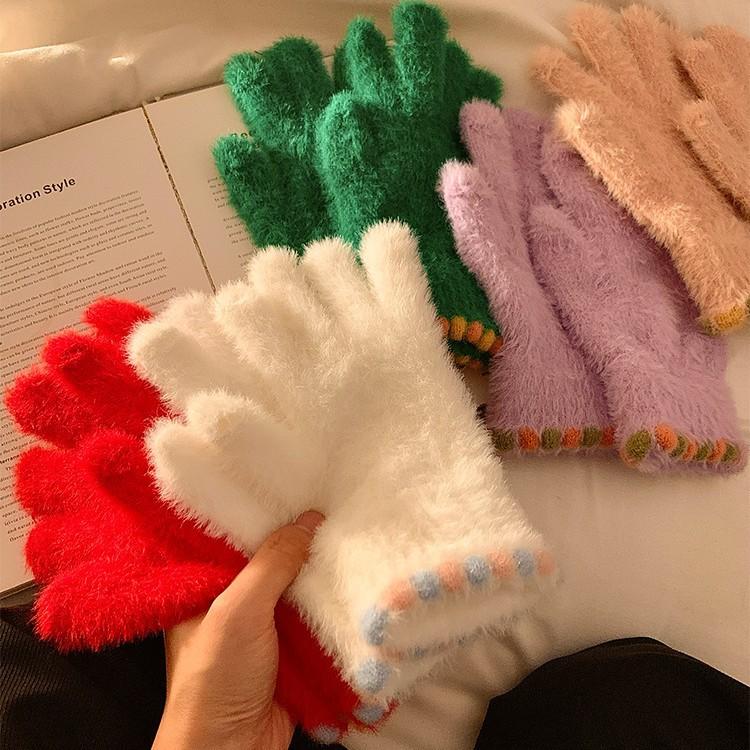 Cute Jelly Bean Fingerless Touch Screen Plush Five Finger Gloves for Women To Keep Warm in Winter and Velvet Thickened for Cycling Students
