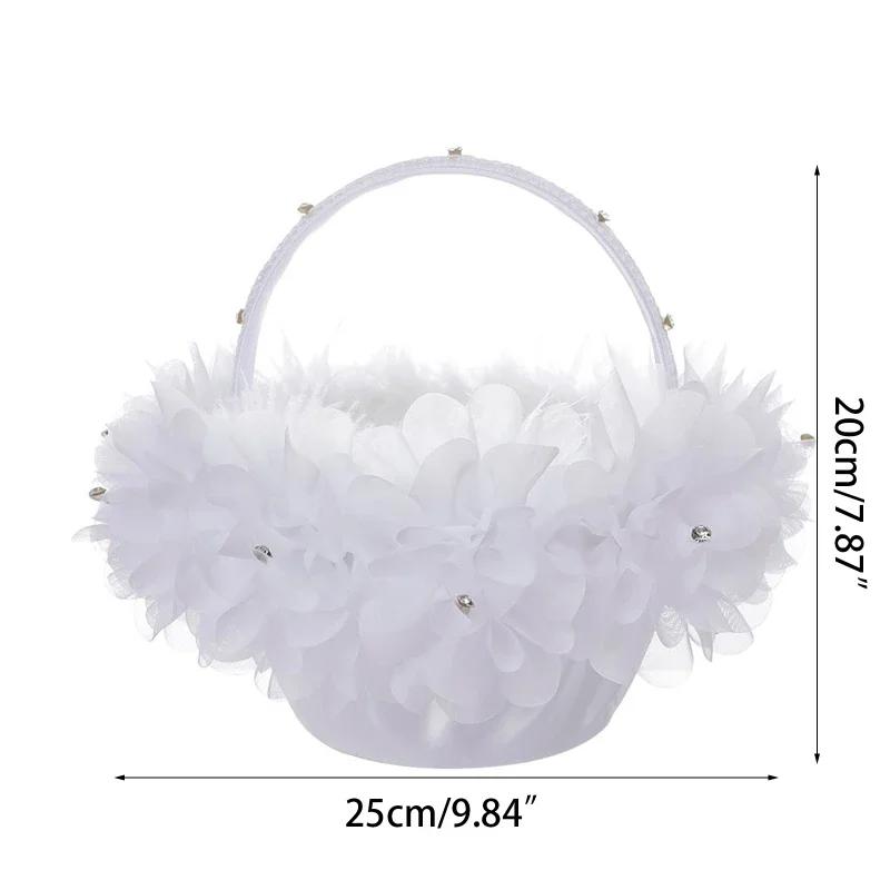 Flower Girl Basket White Small Cloth Baskets with Faux Lace Flowers Decor for Wedding Ceremony Party Desktop Decor
