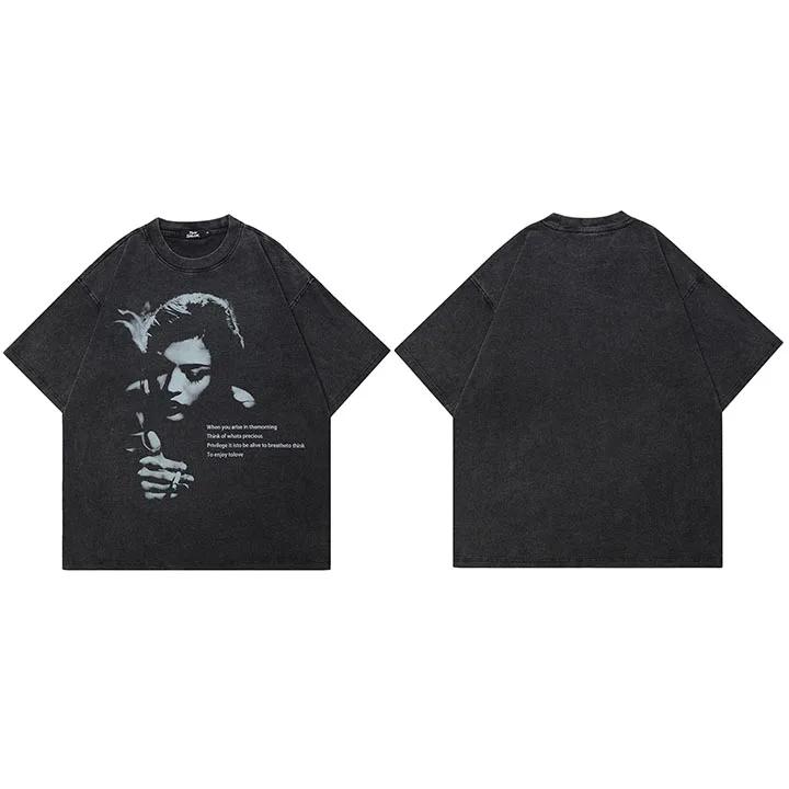 Hip Hop Streetwear Men TShirt Oversized Retro Graphic T Shirt Vintage Washed Black Tshirt Unisex Tops Tees Cotton Hipster