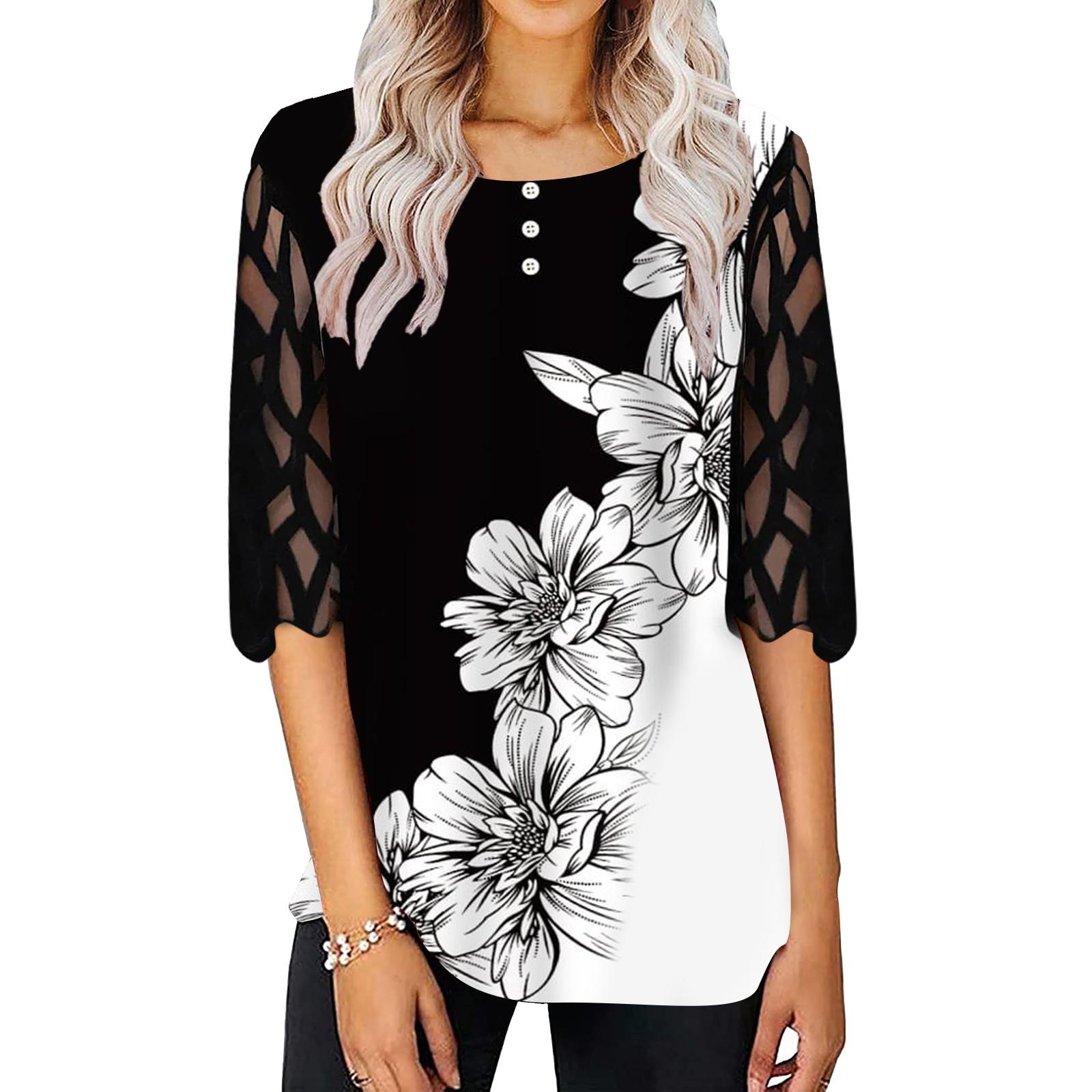 Women s Fashion Lace Sleeve Floral Round Neck Tops Loose Casual T-shirt L