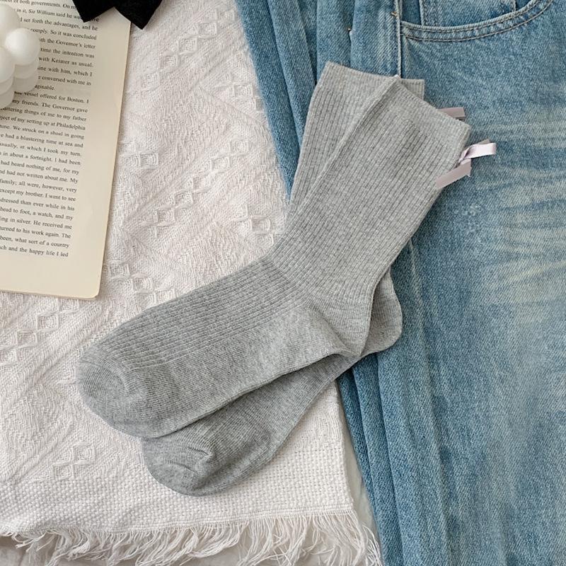 Female Spring and Summer Pure Color Bow All Build In The Tube Pile Pile Cotton Socks