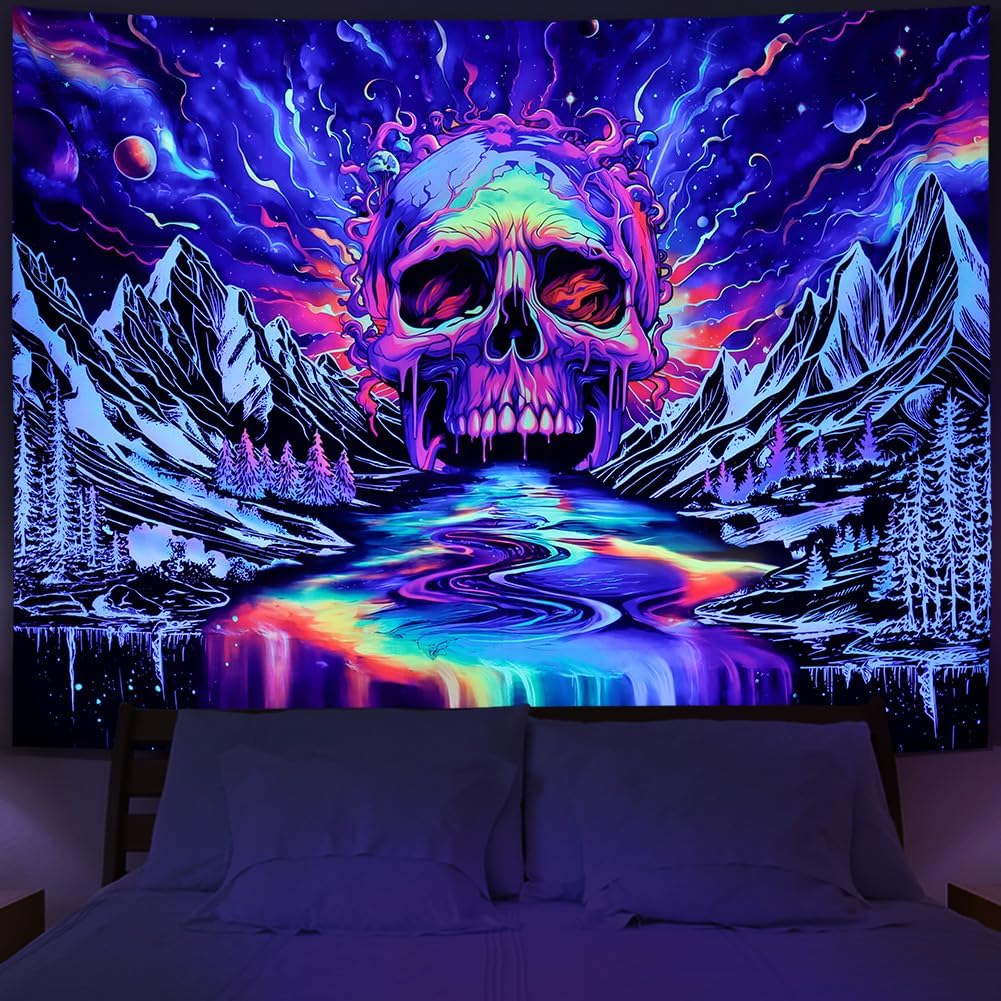 Psychedelisches Totenkopf-Wandteppich - Kosmische Bergfluss-Szene, Trippy Wandkunst, Polyester, Mehrere Größen