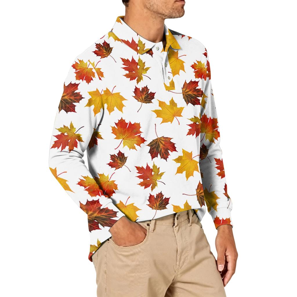 Camicia da uomo a maniche lunghe, leggera, in rete traspirante, con colletto stampato a foglia d'acero, per l'autunno