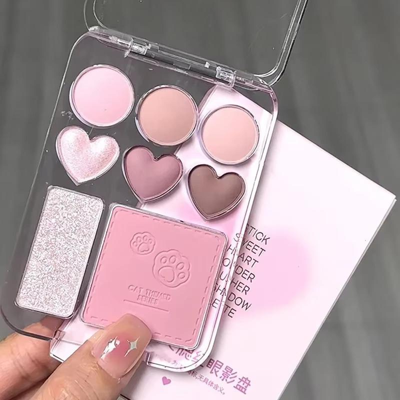 Pink Orange Eyeshadow Palette 8-Colors Facial Blusher Highlighters Brightening Lasting Heart-shaped Eye Shadow Make Up Cosmetics