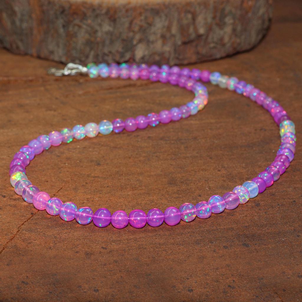 Shaded Purple Opal Round Beads Necklace, AAA Fire Round Opal Beaded Necklace, Delicate Necklace for Women, Birthstone Gift for Mom