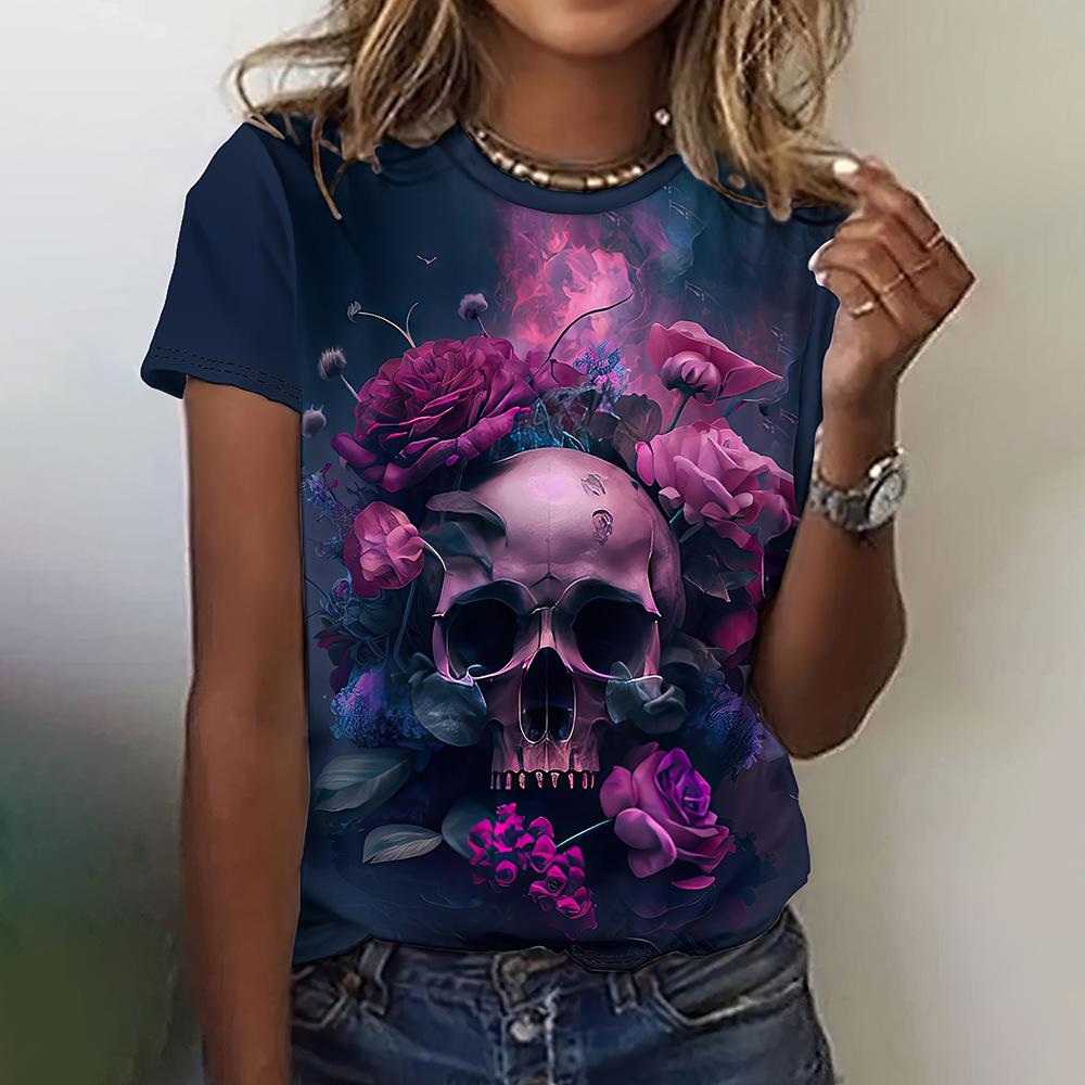 Ladies' Fashion 3D Printed T-shirt Beautiful Skeleton Series Round Neck Women's Top