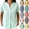 Women's Loose Fit V Neck Short Sleeve Shirt Rolled Cuff Sleeve Vertical Stripe Print Casual Blouse Lightweight Summer Top