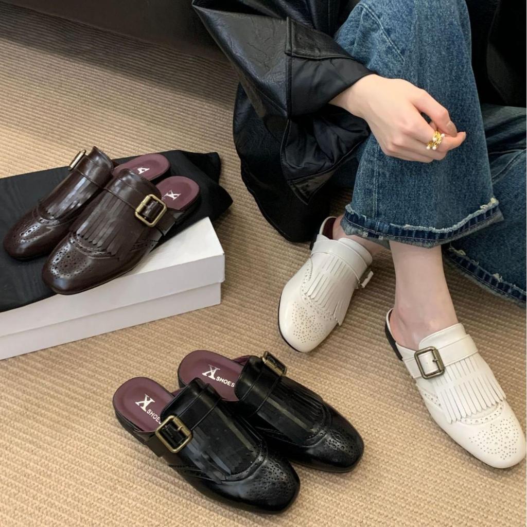 Genuine Leather Carved Tassel Mules - Women's Low Heel, Pointed Toe Slip-On Sandals