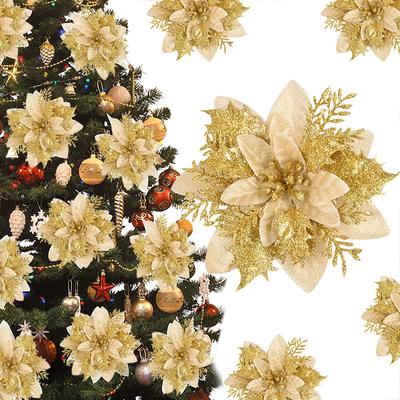 3 Stück 14cm Weihnachtsblumen Glitzer Künstliche Rote Goldene Blütenköpfe Beere DIY Weihnachtsbaumschmuck Dekorationen für Zuhause Neujahr