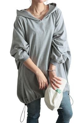 Gold Japan Große Größen Langarm Kordelzug Dolman Melange Größen Damen Tunika, Hoodie, Kragen, Stretch, Winter, Herbst, Frühling, Grau, bai-0168, 4L-5L