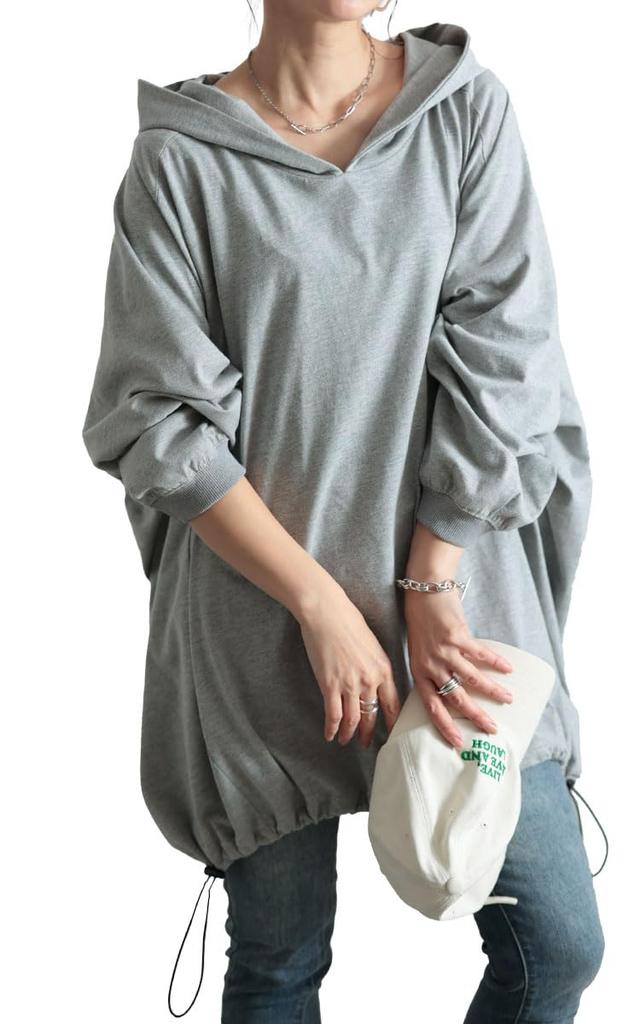 Gold Japan Große Größen Langarm Kordelzug Dolman Melange Größen Damen Tunika, Hoodie, Kragen, Stretch, Winter, Herbst, Frühling, Grau, bai-0168, 4L-5L