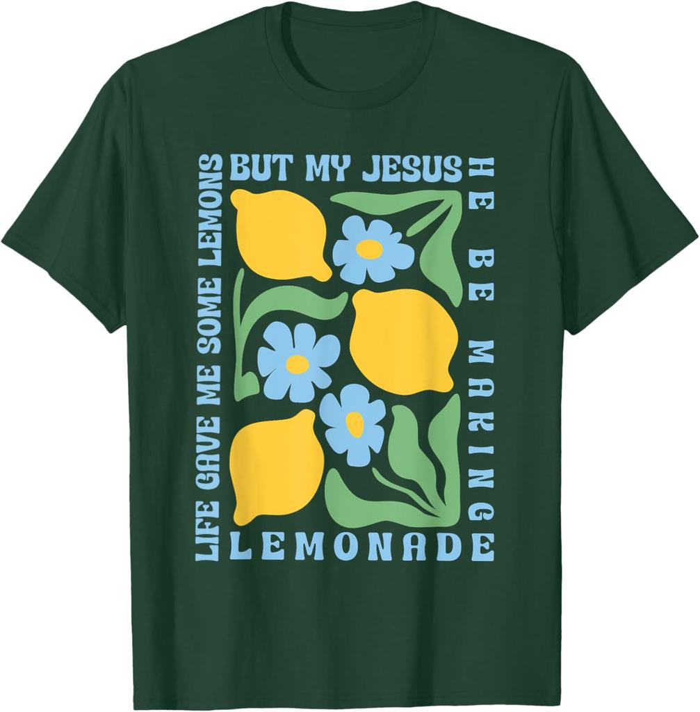 Jesus Making Lemonade Graphic Tee Religious Faith Christian Humor Short Sleeve T-Shirt Casual Tops
