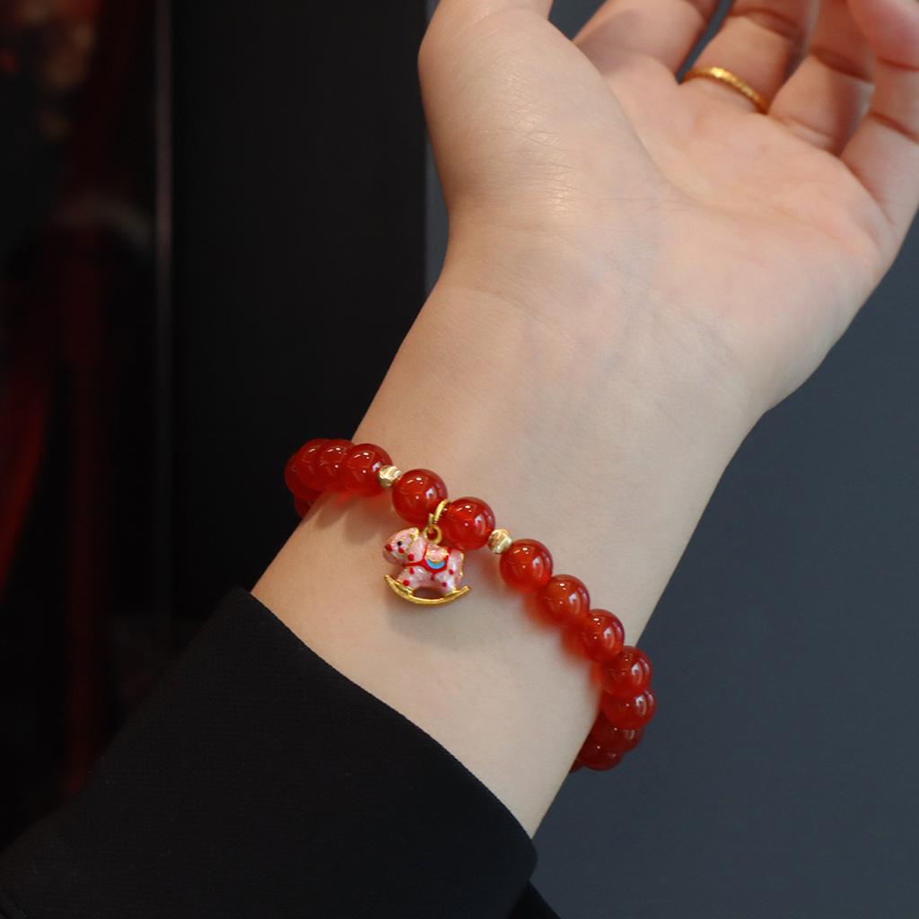 Natural Agate Bracelet, Round Bead Pony Pendant, Bracelet, Female Simple Handmade Elastic Rope Design Bracelet. Fashion Women Daily Jewelry Lucky Gift