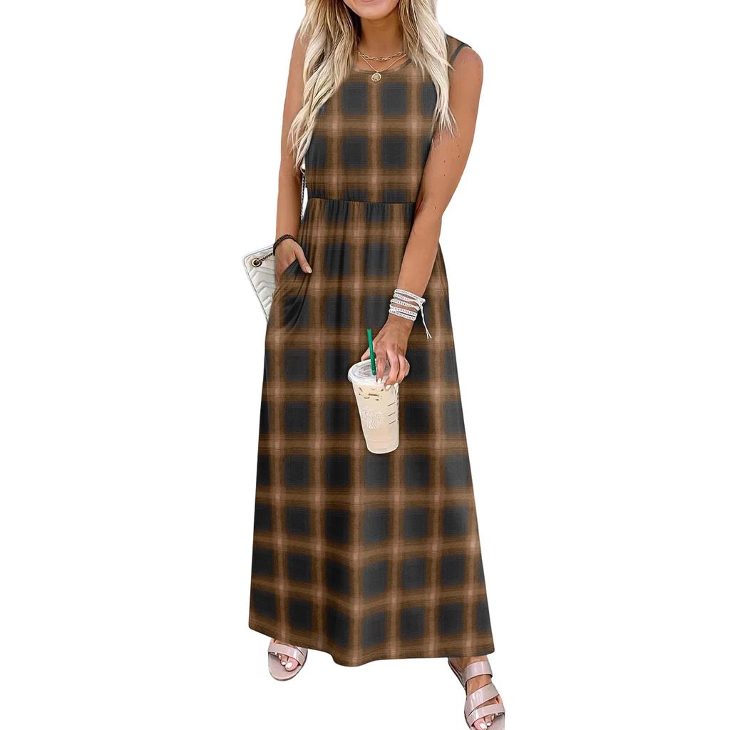Ladies' Plaid Printed Casual and Fashionable Waist Cinched Sleeveless Dress