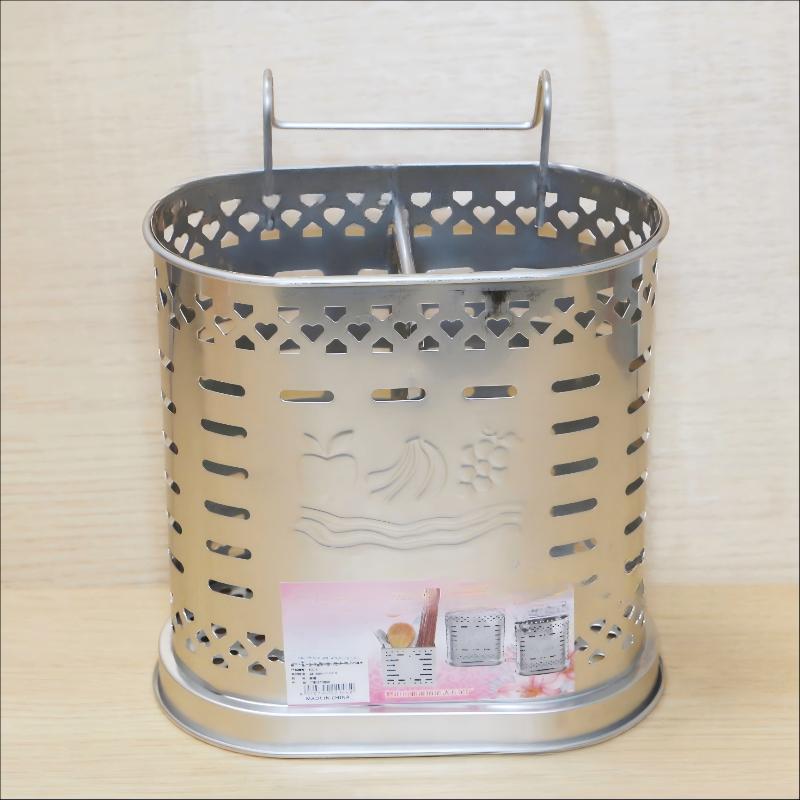 Rustfrit Stål Redskabsholder Til Køkkenbord, 2 Rum Bestik Organizer Med Kroge, Opvaskemaskine Sikker Bestik Tørring