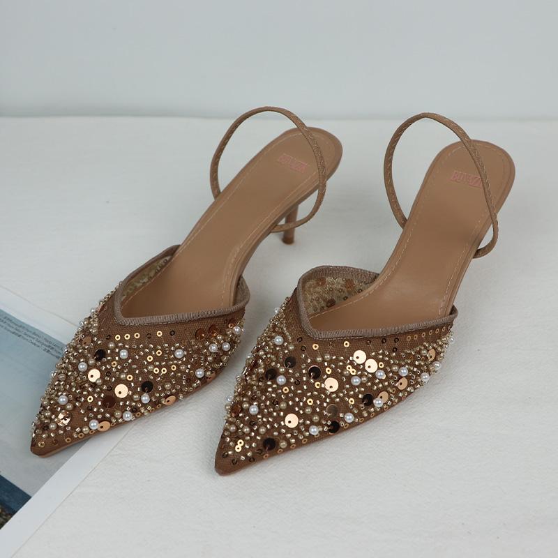 

Fashion 2025 New Summer Brand Women Sandals High Heeled Party Shoes Lady Luxury Sequin Pearl Stiletto Elengat Mesh Slingbacks Sandal 36