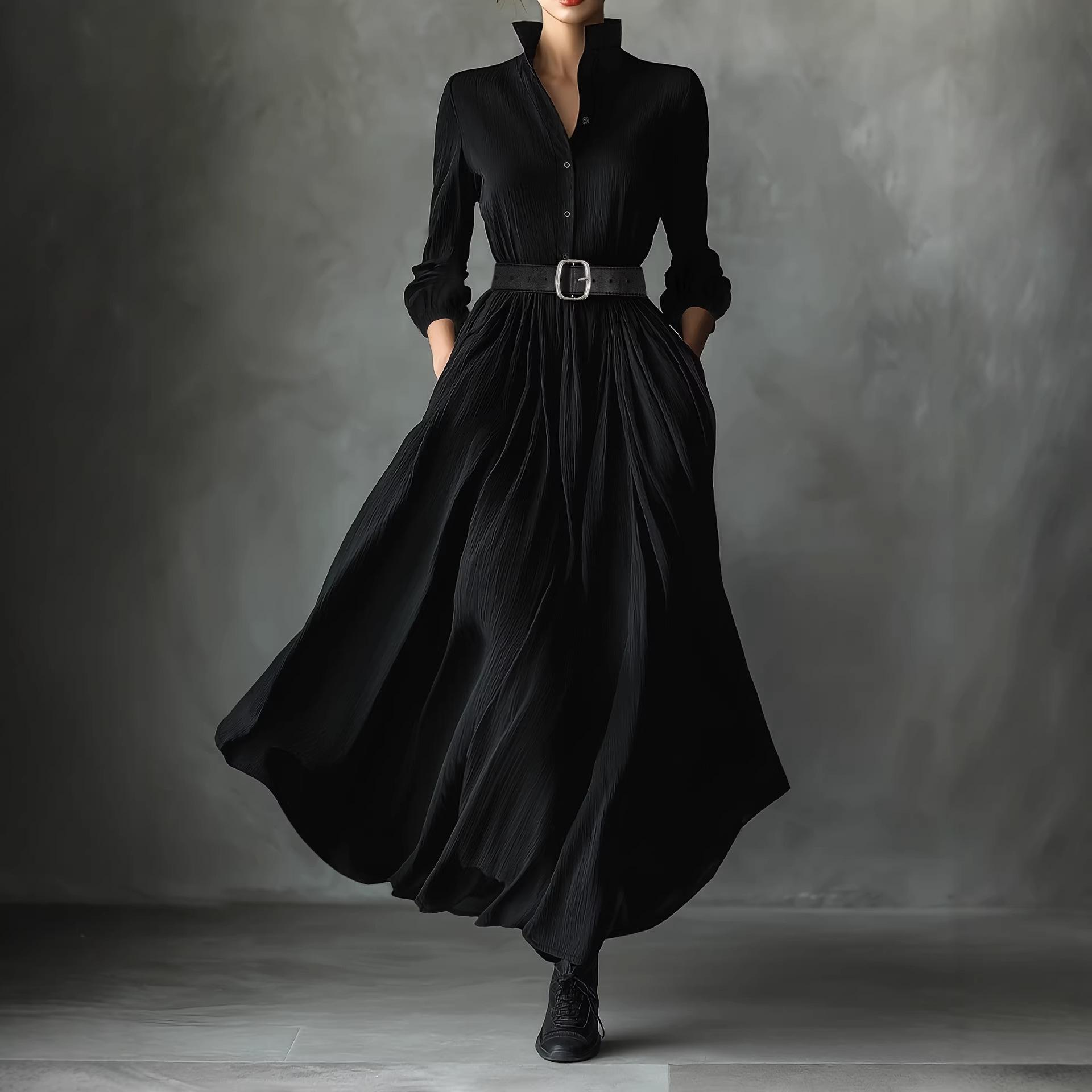 Women s clothing European and American new French commuter style black texture pleated long dress belt waist shirt dress european and american size s