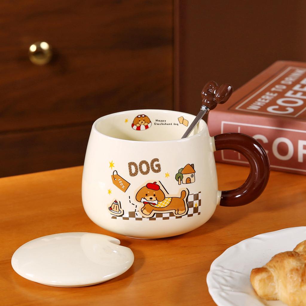 Dackel Keramik Wasserbecher Süße Tasse mit Deckel und Löffel Kreativer Jungenstil Kinder Frühstückstasse Große Kapazität