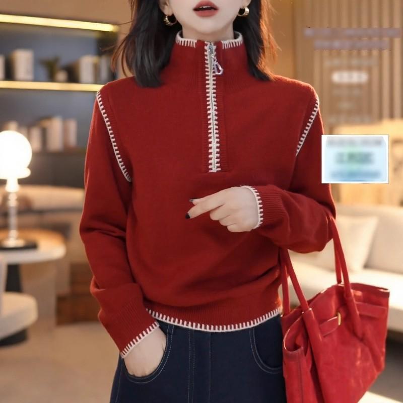 Women's Slim Fit Half-Zip Knit Sweater - Korean Design, Contrasting Colors, Stand Collar, Autumn/Winter Style
