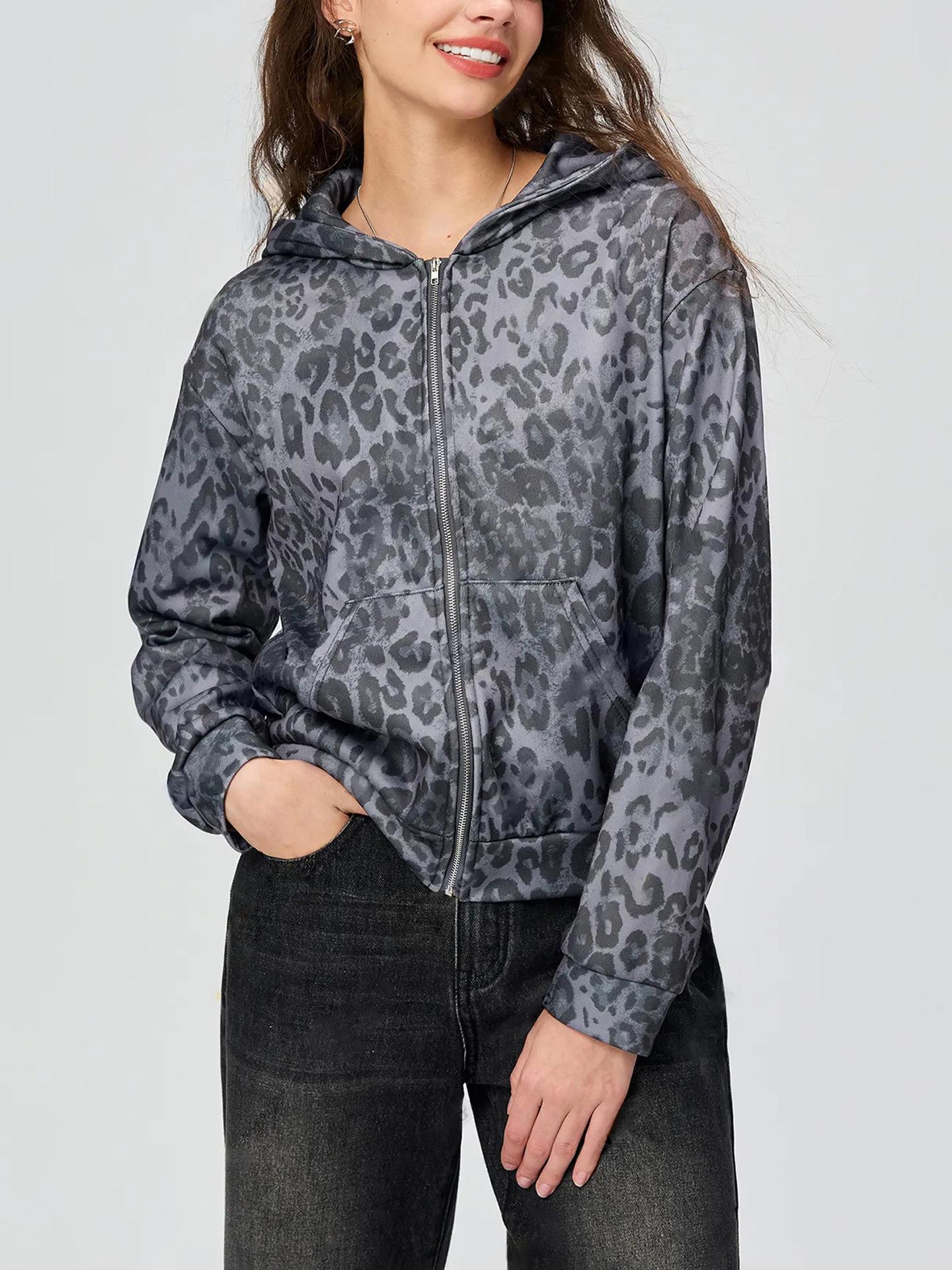 

Женская куртка с капюшоном в стиле ретро с леопардовым принтом - Европейский и американский стиль INS для осени и зимы XL серый