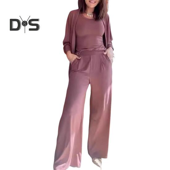 

3 шт./комплект женский жилет пальто брюки костюм круглый вырез без рукавов однотонная блузка эластичный пояс широкие брюки повседневная одежда спортивный наряд осень весна L