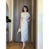 Women's summer slim-fit one-word shoulder-length dress shows figure, waist-wrapped hip skirt temperament, senior slanted shoulder short-sleeved dress